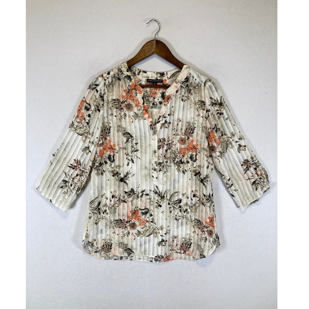 Boho Floral Sara Michelle Womens Medium Cream Orange Pleated Roll Tab Sleeve Top